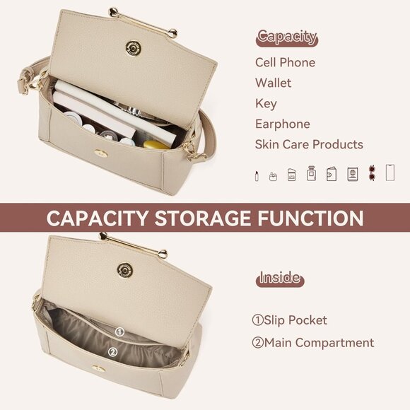 Small Vegan Leather Cream Crossbody Bag Women with Flap and Top Handle Design - Picture 5 of 7